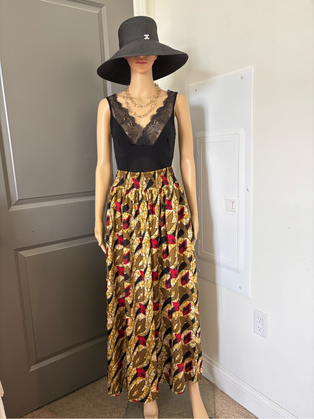 African Style Maxi Skirt Yellow Red Black size M-L used gently cotton blended